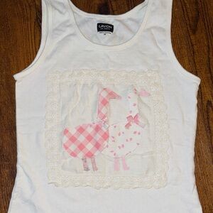 🪿Upcycled Women's White Tank Top with Pink Geese Patchwork Design
